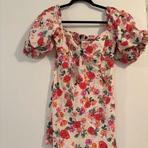 Zara Floral Mini Dress with Puff Sleeves - Red, Pink, Green